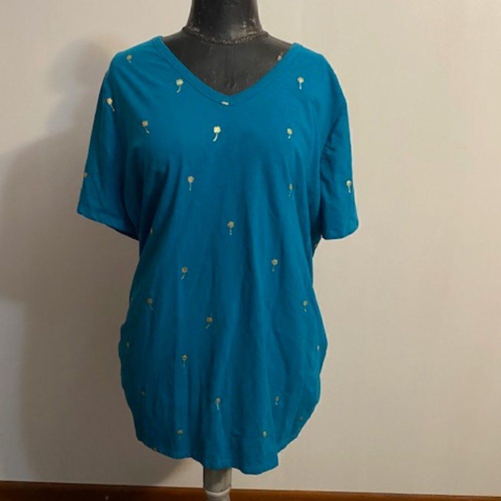 Lane Bryant Turquoise with Gold palm trees V-neck  rouched side Tee, size 30/32